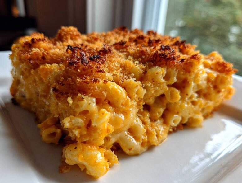 Close-up of a rich, cheesy slice of baked mac and cheese recipe with a golden, crunchy breadcrumb topping.