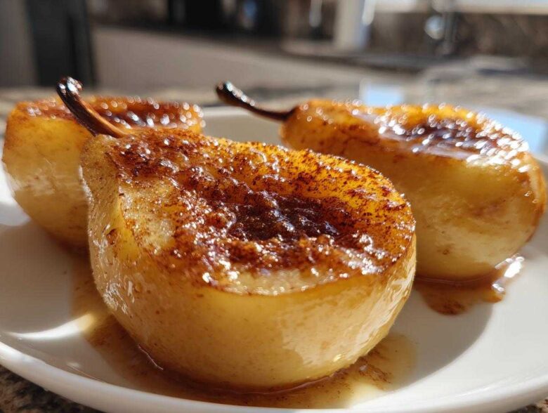 Three glistening baked pears halves topped with caramelized sugar and cinnamon, served on a white plate.