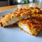 Two pieces of juicy baked ranch chicken, cut to show the white interior and golden, crispy breading.