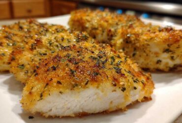 Close-up of a perfectly cooked, golden-brown baked ranch chicken cutlet showing the juicy white interior.
