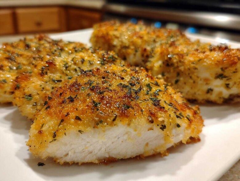 Close-up of a perfectly cooked, golden-brown baked ranch chicken cutlet showing the juicy white interior.