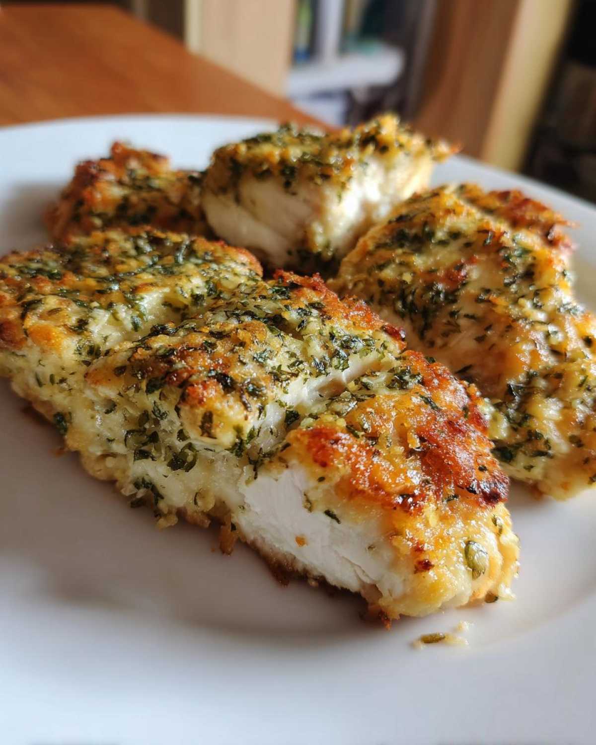 Close-up of several juicy pieces of baked ranch chicken, showing a golden, herby crust and white interior.