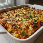 A close-up of a bubbling, baked street corn dip topped with melted cheese, cilantro, and red pepper flakes in a white dish.