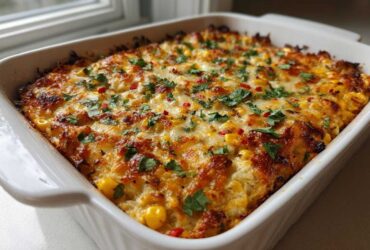 A close-up of a bubbling, baked street corn dip topped with melted cheese, cilantro, and red pepper flakes in a white dish.
