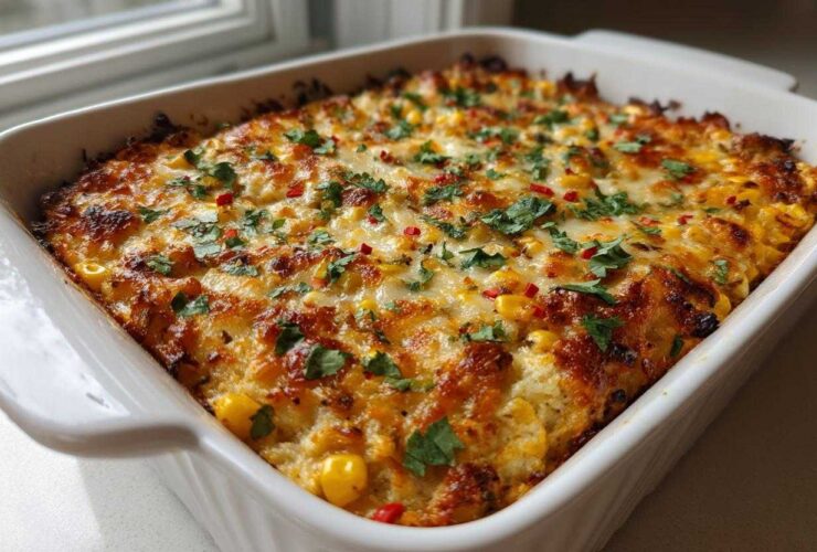 A close-up of a bubbling, baked street corn dip topped with melted cheese, cilantro, and red pepper flakes in a white dish.