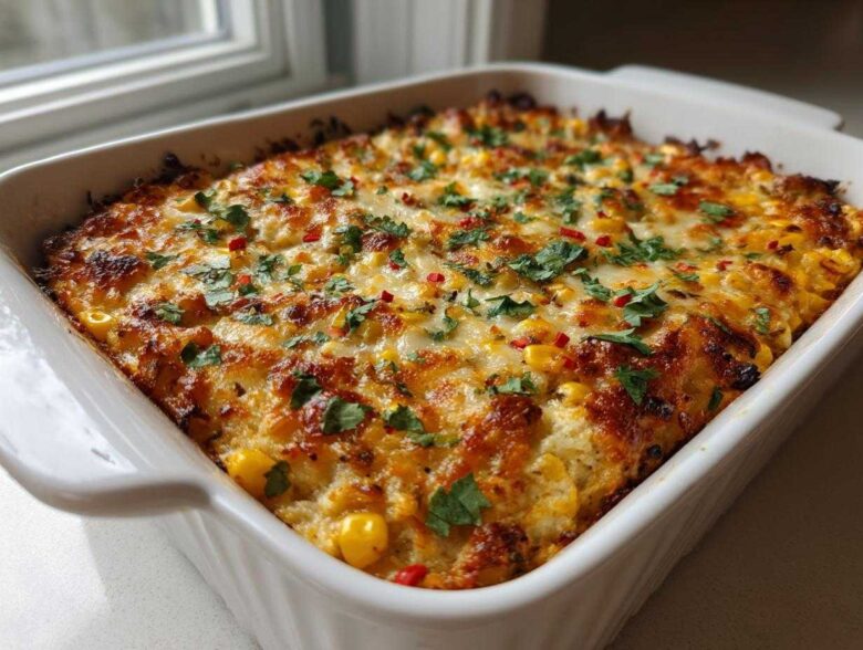 A close-up of a bubbling, baked street corn dip topped with melted cheese, cilantro, and red pepper flakes in a white dish.