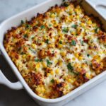 Close-up of a baked street corn dip in a white casserole dish, topped with melted cheese, corn, and cilantro.
