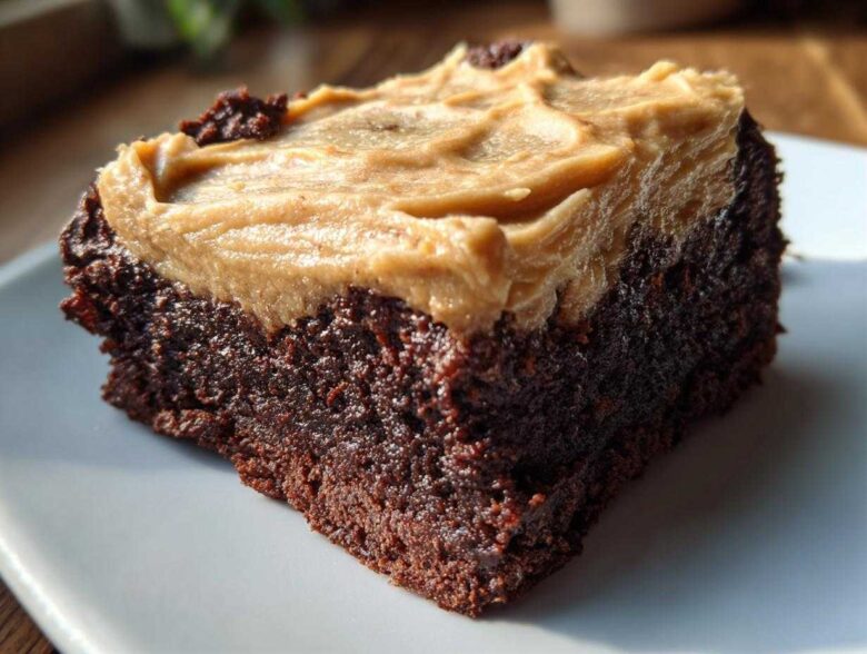 Close-up of a fudgy banana bread brownies square topped with thick peanut butter frosting.