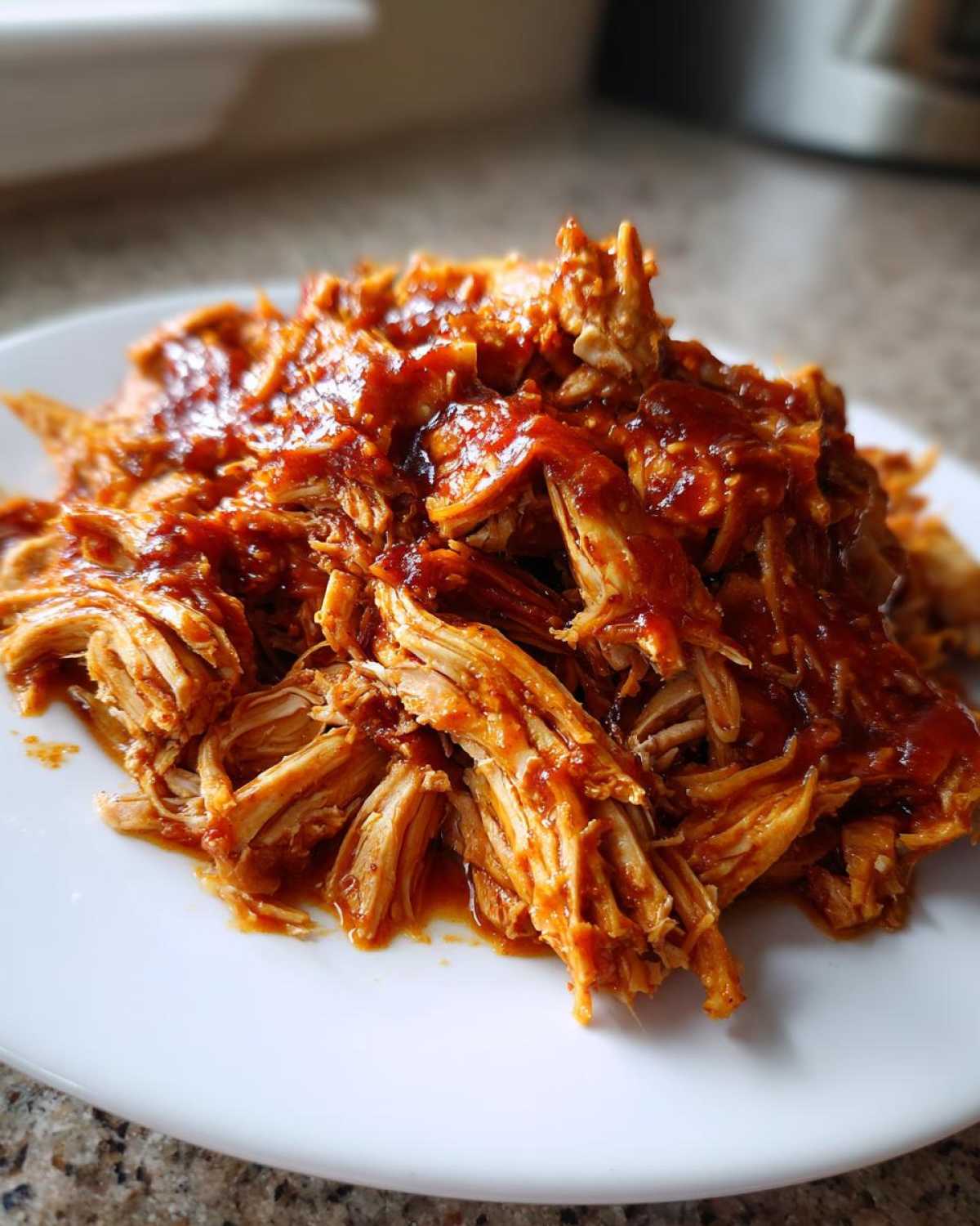 Close-up of tender, shredded pulled chicken coated in rich BBQ sauce served on a white plate.