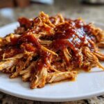 Close-up of tender, shredded pulled chicken generously coated in rich BBQ sauce, served on a white plate.