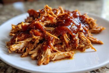 Close-up of tender, shredded pulled chicken generously coated in rich BBQ sauce, served on a white plate.