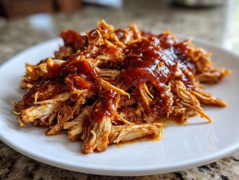 Close-up of tender, shredded pulled chicken generously coated in rich BBQ sauce, served on a white plate.