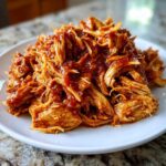 Close-up of a generous serving of saucy, shredded pulled chicken piled high on a white plate.