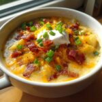 Close-up of a hearty bowl of potato soup recipe topped with melted cheddar, bacon bits, sour cream, and chives.
