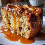 A close-up of a thick slice of bread pudding with bourbon sauce generously drizzled over the top and pooling on the plate.