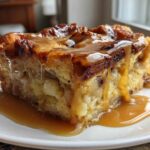 A close-up of a rich slice of bread pudding with bourbon sauce generously drizzled over the top and pooling on a white plate.