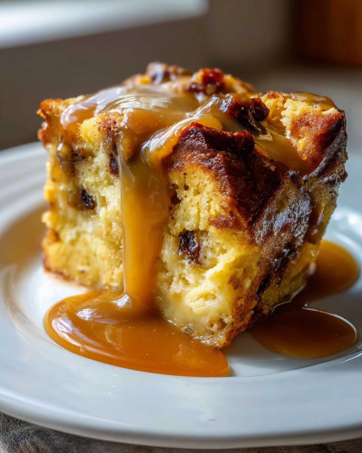 A close-up of a square slice of bread pudding with bourbon sauce generously drizzled over the top.