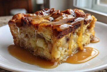A close-up of a rich slice of bread pudding with bourbon sauce generously drizzled over the top and pooling on a white plate.