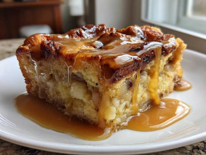 A close-up of a rich slice of bread pudding with bourbon sauce generously drizzled over the top and pooling on a white plate.
