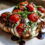 Close-up of juicy Caprese chicken breast topped with melted mozzarella, roasted cherry tomatoes, and fresh basil.
