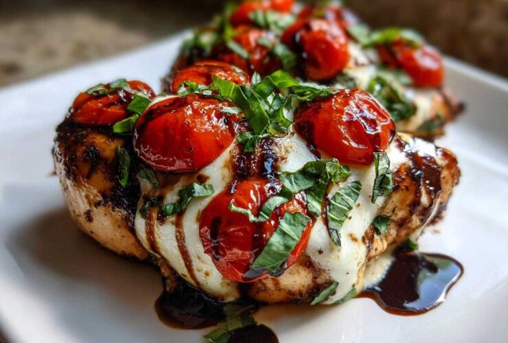 Close-up of juicy Caprese chicken breast topped with melted mozzarella, roasted cherry tomatoes, and fresh basil.