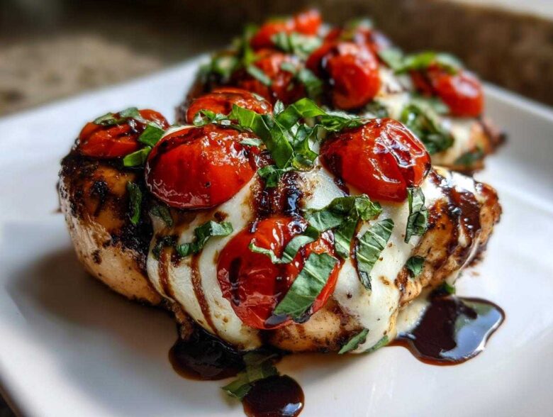 Close-up of juicy Caprese chicken breast topped with melted mozzarella, roasted cherry tomatoes, and fresh basil.