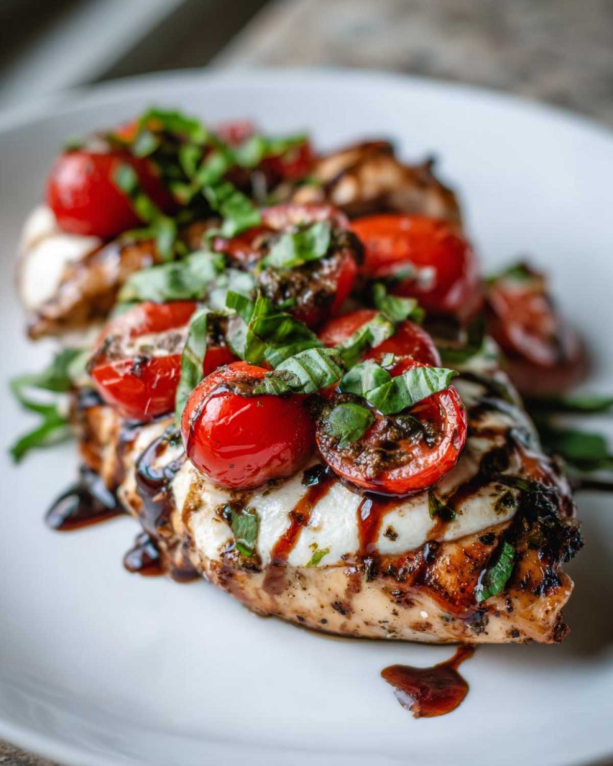 Close-up of a grilled caprese chicken breast topped with melted mozzarella, roasted cherry tomatoes, and fresh basil.
