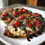 Two servings of juicy Caprese chicken topped with melted mozzarella, roasted cherry tomatoes, fresh basil, and balsamic glaze.