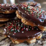 Close-up of stacked caramel ritz cracker christmas cookies topped with chocolate glaze and holiday sprinkles.