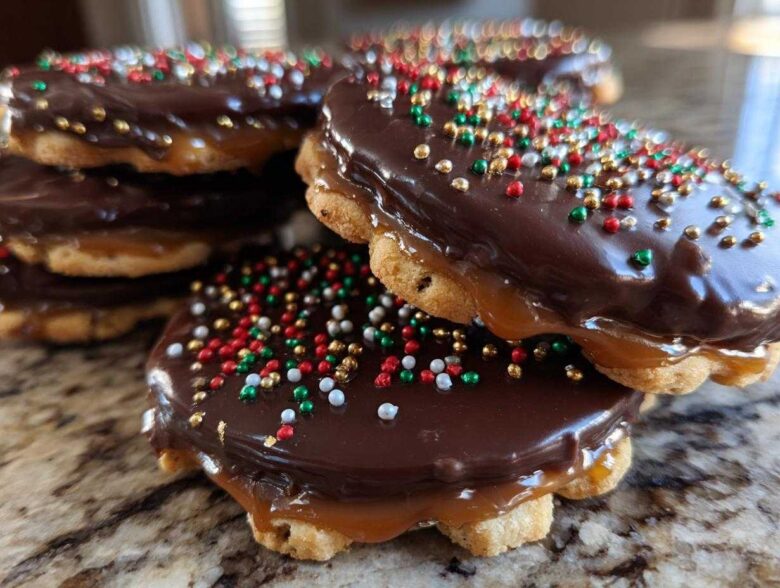 Close-up of stacked caramel ritz cracker christmas cookies topped with chocolate glaze and holiday sprinkles.