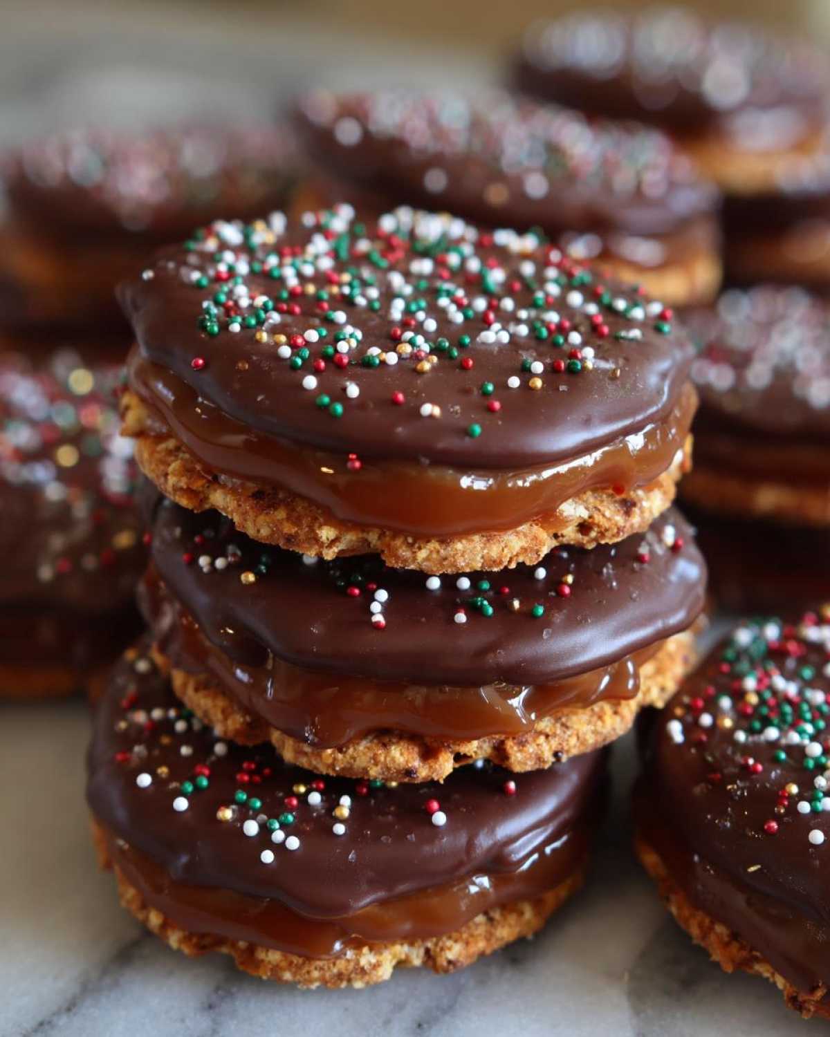 A stack of three Caramel Ritz Cracker Christmas Cookies, layered with caramel and topped with chocolate and festive sprinkles.