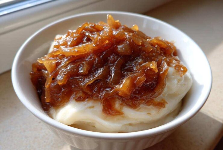 Close-up of a white bowl filled with creamy dip topped generously with dark, glossy caramelized onion dip.