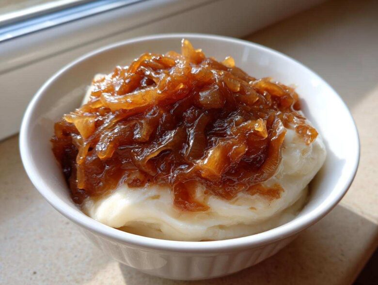 Close-up of a white bowl filled with creamy dip topped generously with dark, glossy caramelized onion dip.