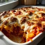Close-up of a scoop taken from a baked pizza pasta casserole, showing melted, browned cheese stretching over tomato sauce and penne pasta.