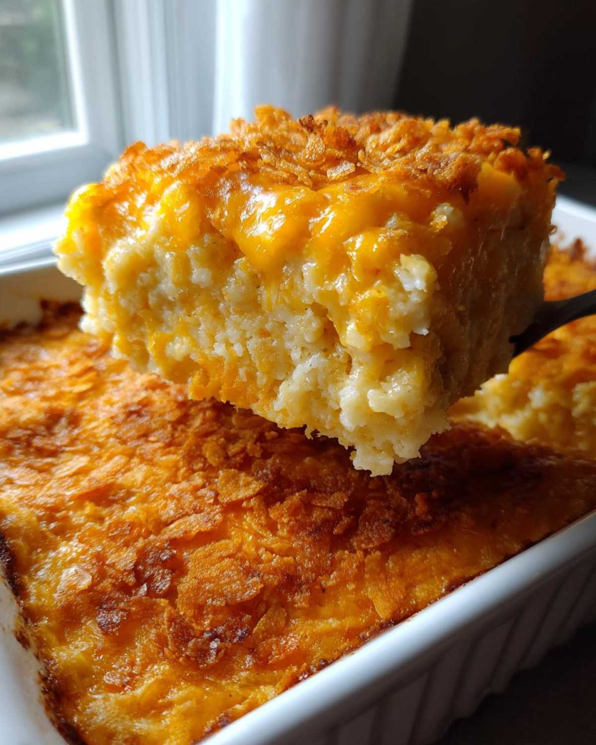 A scoop of creamy, cheesy potato casserole being lifted from a white baking dish, showing a golden, crunchy topping.
