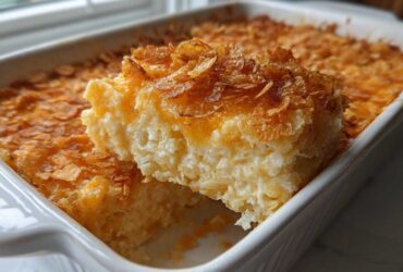 A serving of creamy, cheesy potato casserole being lifted from a white baking dish, topped with crispy cornflakes.