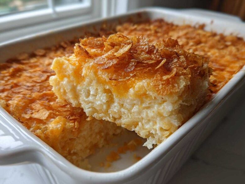 A serving of creamy, cheesy potato casserole being lifted from a white baking dish, topped with crispy cornflakes.
