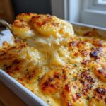 A spoonful of creamy, cheesy scalloped potatoes being lifted from a baking dish, showing a dramatic cheese pull.