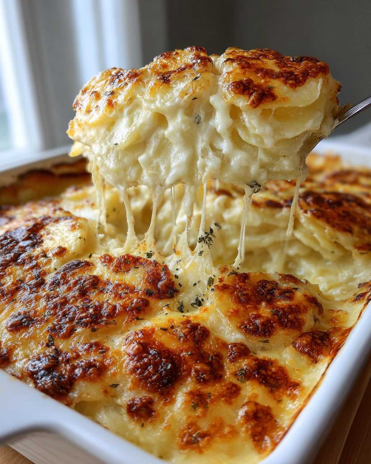 A spoonful of creamy scalloped potatoes being lifted, showing long, delicious cheese pulls over the golden-brown baked dish.