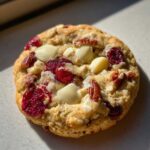 Close-up of a single chewy cranberry oatmeal cookie featuring white chocolate chips and pecans.