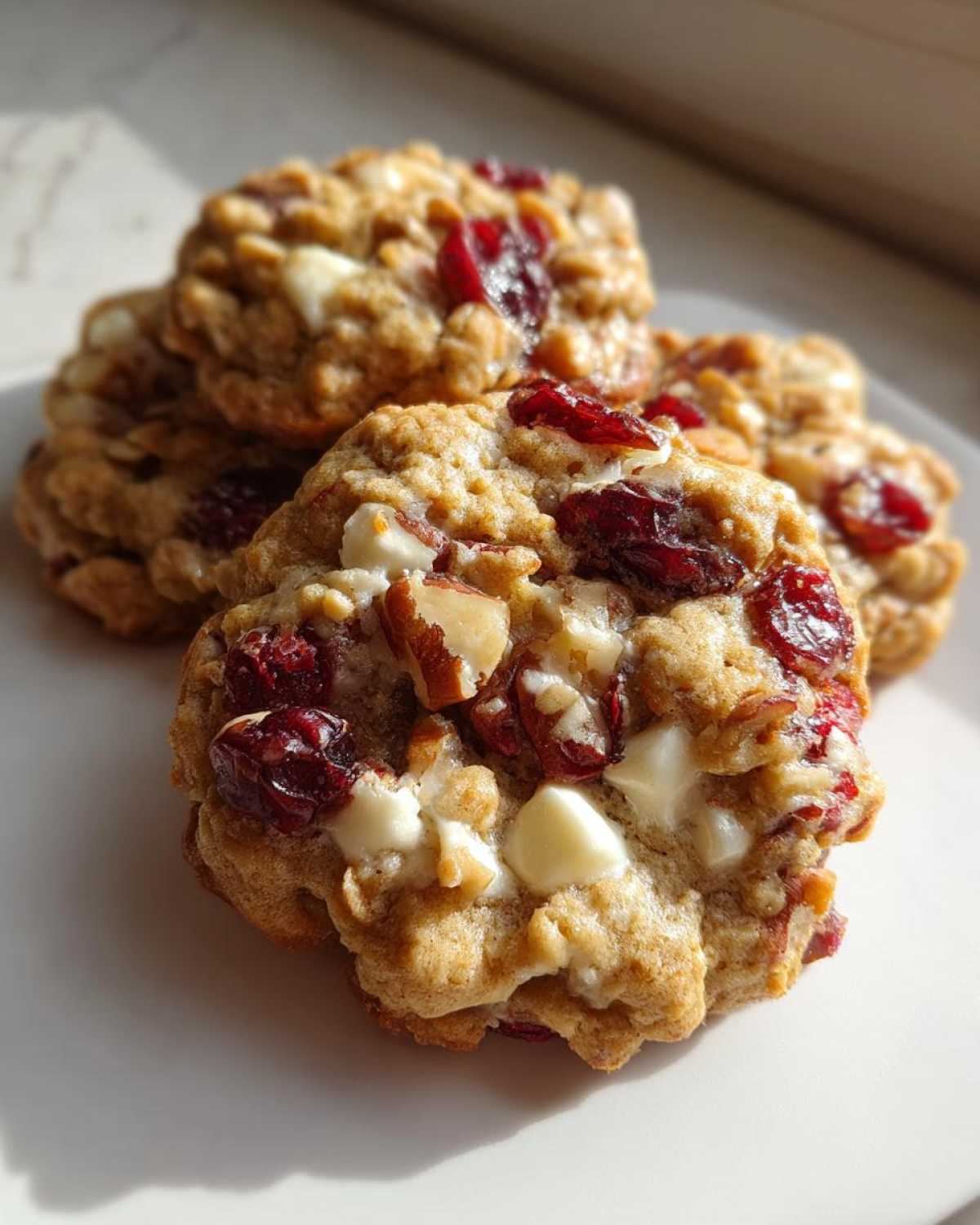 Close-up of chewy cranberry oatmeal cookies loaded with dried cranberries and white chocolate chips.
