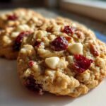 Close-up of chewy cranberry oatmeal cookies featuring visible dried cranberries and white chocolate chips.