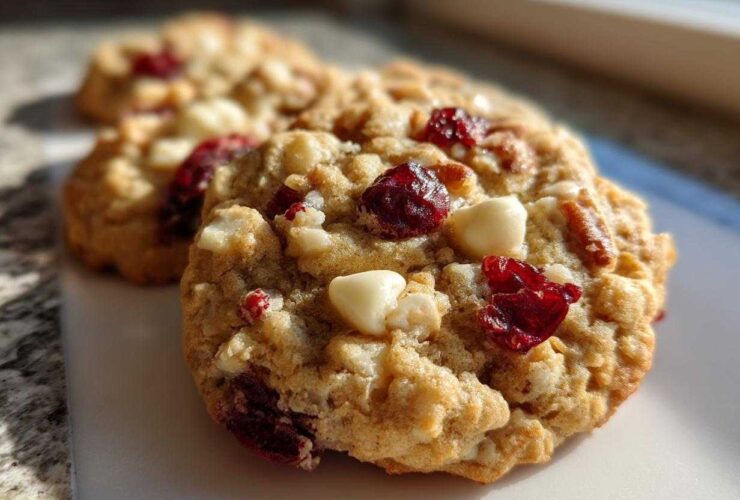 Close-up of chewy cranberry oatmeal cookies featuring visible dried cranberries and white chocolate chips.
