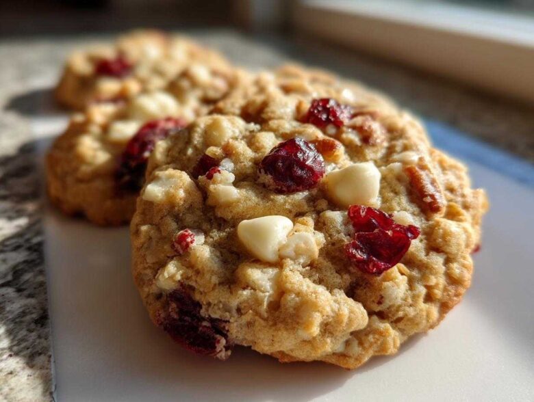 Close-up of chewy cranberry oatmeal cookies featuring visible dried cranberries and white chocolate chips.
