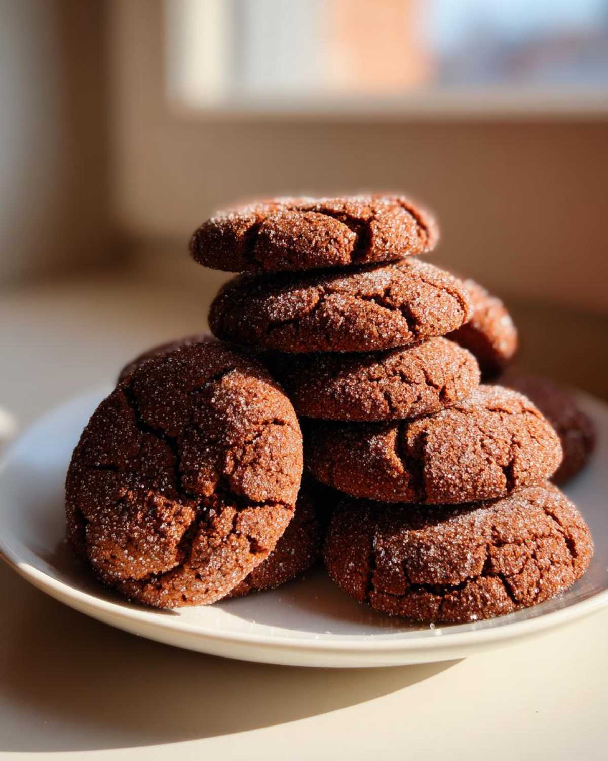 A stack of freshly baked, chewy gingersnap cookies coated in sparkling sugar, illuminated by sunlight.
