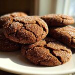 A close-up of several chewy gingersnap cookies, coated in sparkling sugar, piled on a light plate.