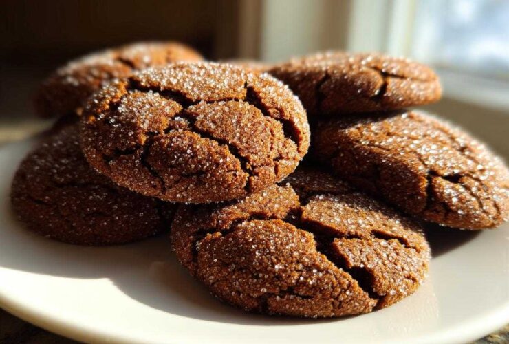 A close-up of several chewy gingersnap cookies, coated in sparkling sugar, piled on a light plate.