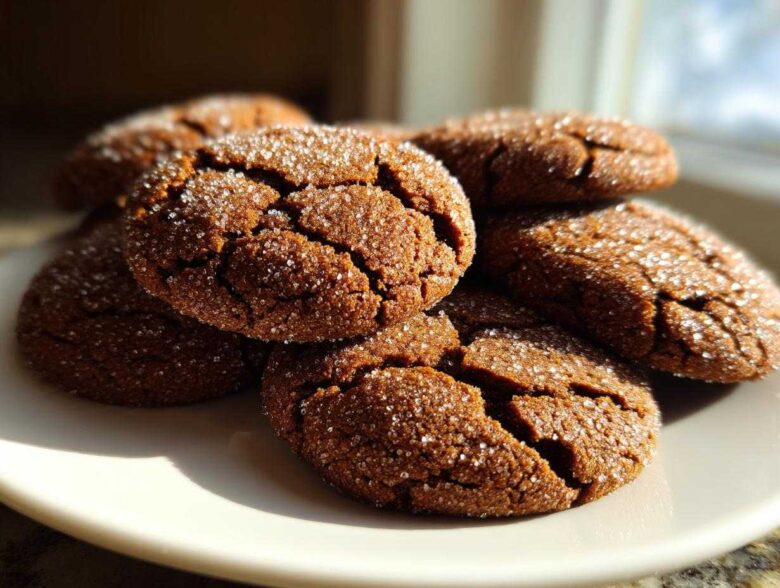 A close-up of several chewy gingersnap cookies, coated in sparkling sugar, piled on a light plate.