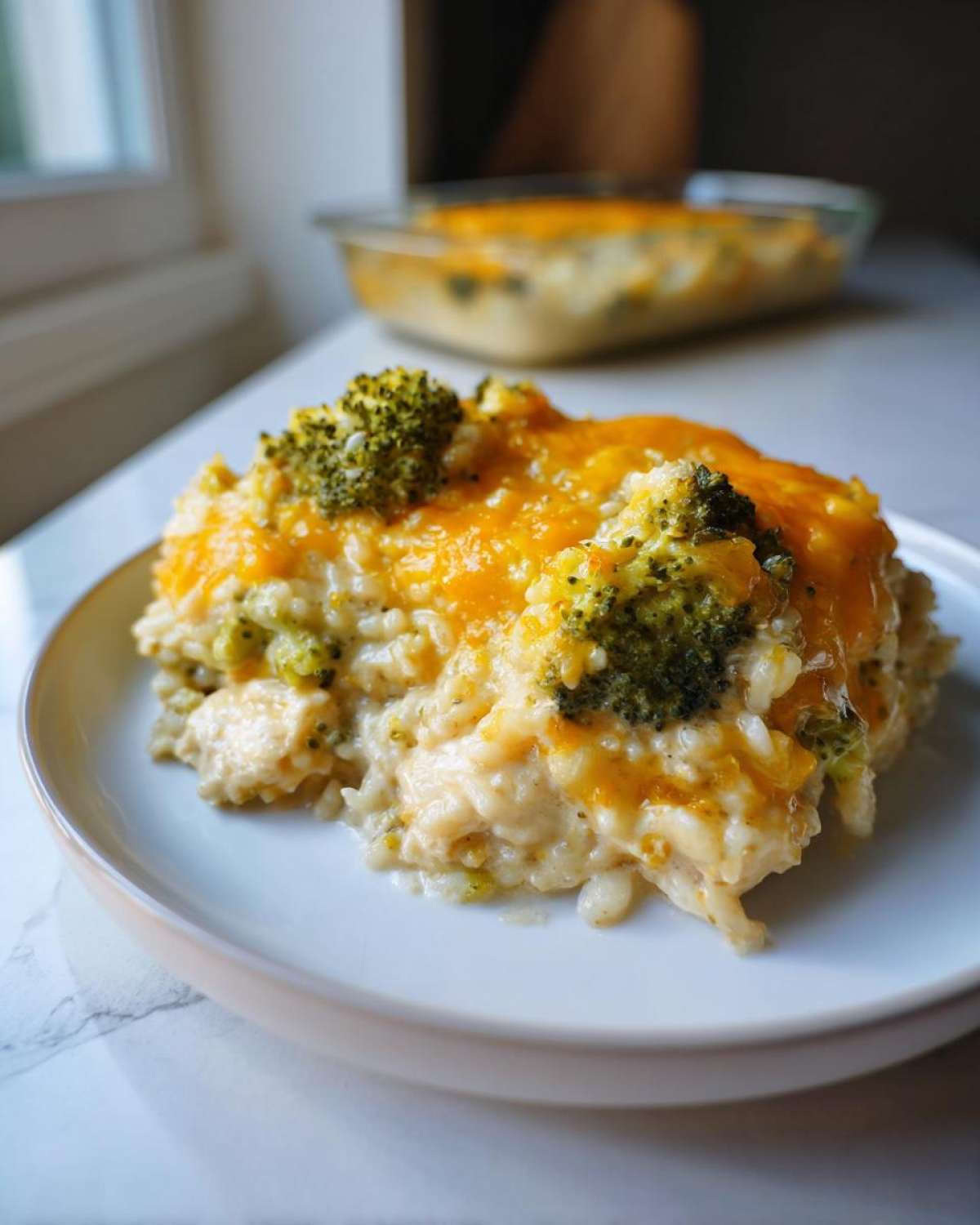 A close-up serving of creamy chicken broccoli rice casserole topped with melted cheddar cheese on a white plate.