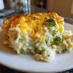 A close-up serving of creamy chicken broccoli rice casserole topped with melted, golden cheddar cheese.